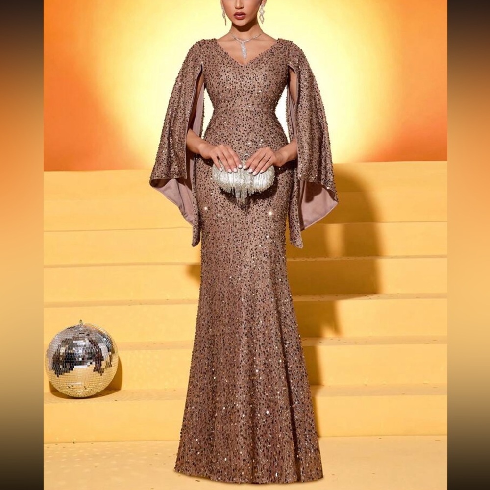 Luxe V neck champagne bell formal evening party prom wedding gown dress
